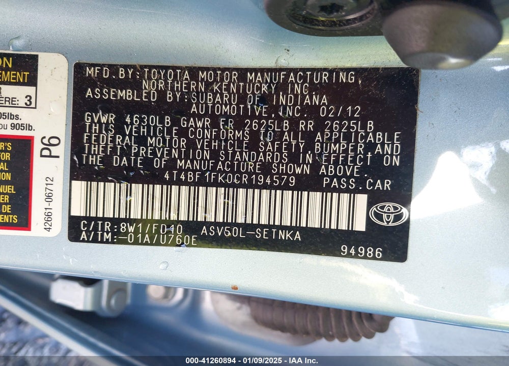 2012 TOYOTA CAMRY VIN: 4T4BF1FK0CR194579