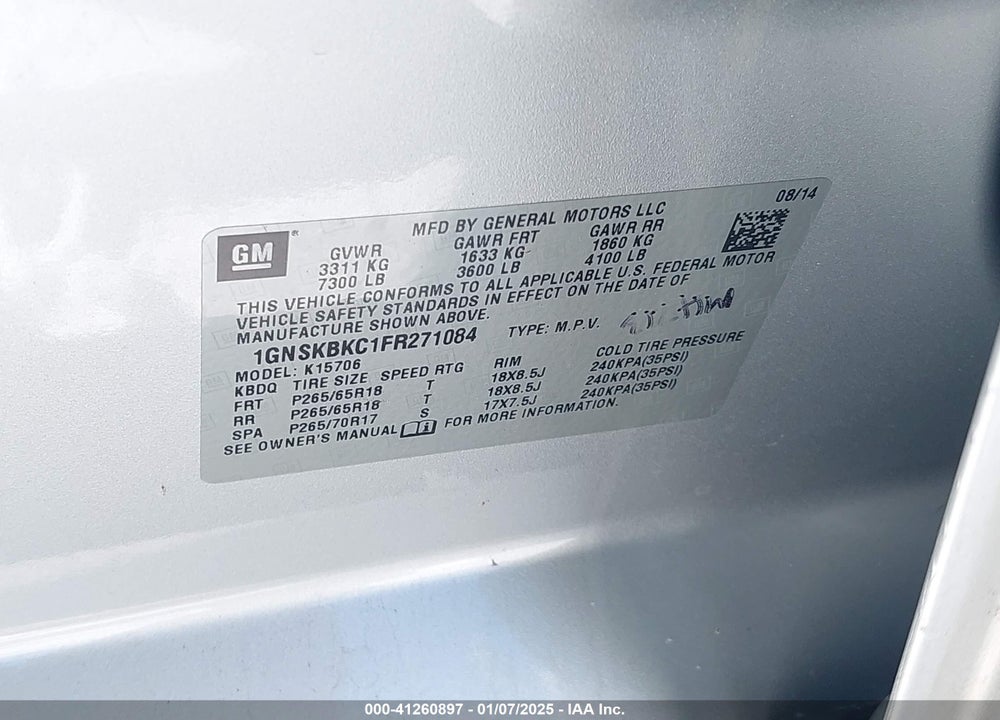 2015 CHEVROLET TAHOE LT VIN: 1GNSKBKC1FR271084