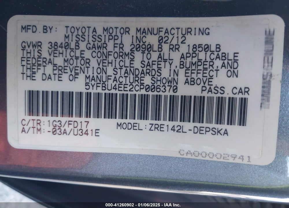 2012 TOYOTA COROLLA S VIN: 5YFBU4EE2CP006370