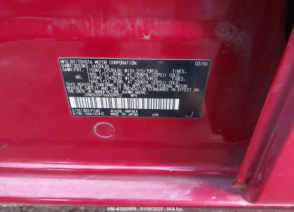 2006 TOYOTA RAV4 VIN: JTMZD33V766009952
