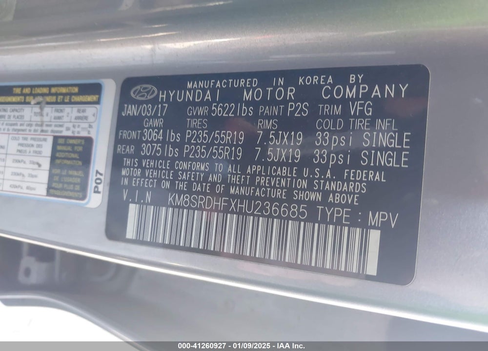 2017 HYUNDAI SANTA FE LIMITED ULTIMATE VIN: KM8SRDHFXHU236685