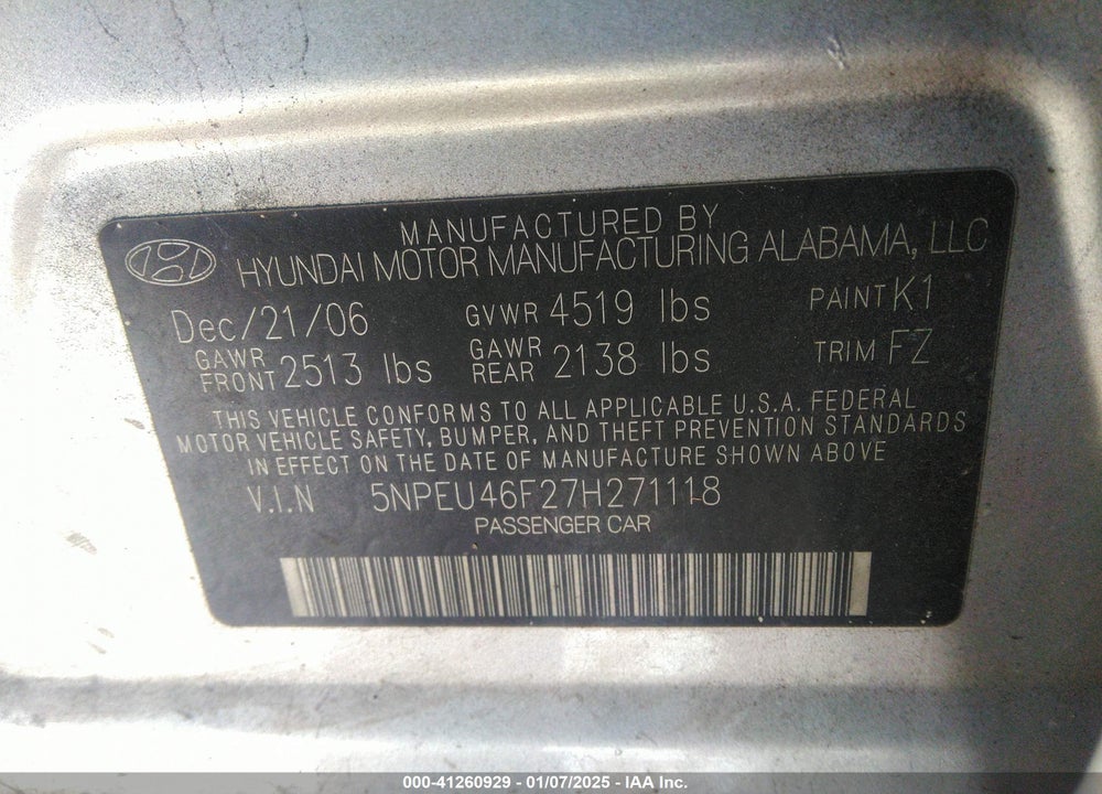 2007 HYUNDAI SONATA LIMITED/SE V6 VIN: 5NPEU46F27H271118