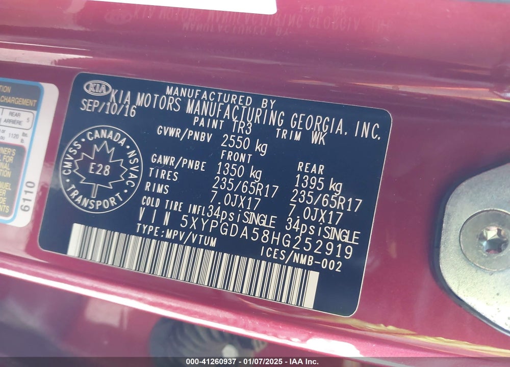 2017 KIA SORENTO LX V6 VIN: 5XYPGDA58HG252919