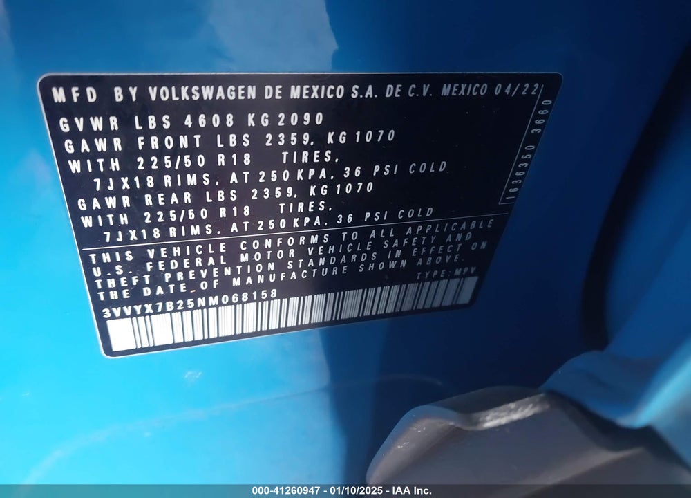 2022 VOLKSWAGEN TAOS 1.5T SE VIN: 3VVYX7B25NM068158