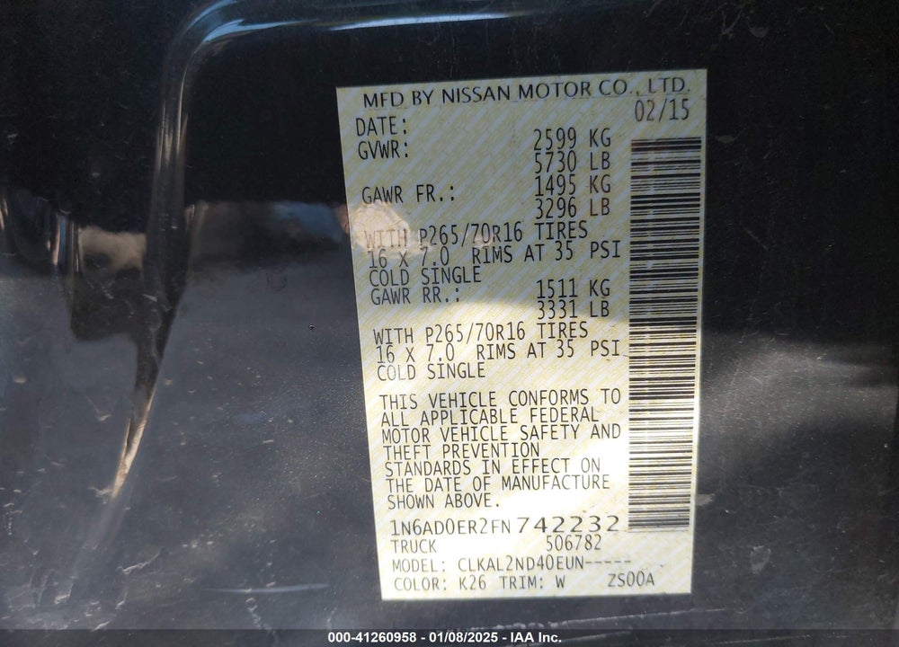 2015 NISSAN FRONTIER SV VIN: 1N6AD0ER2FN742232