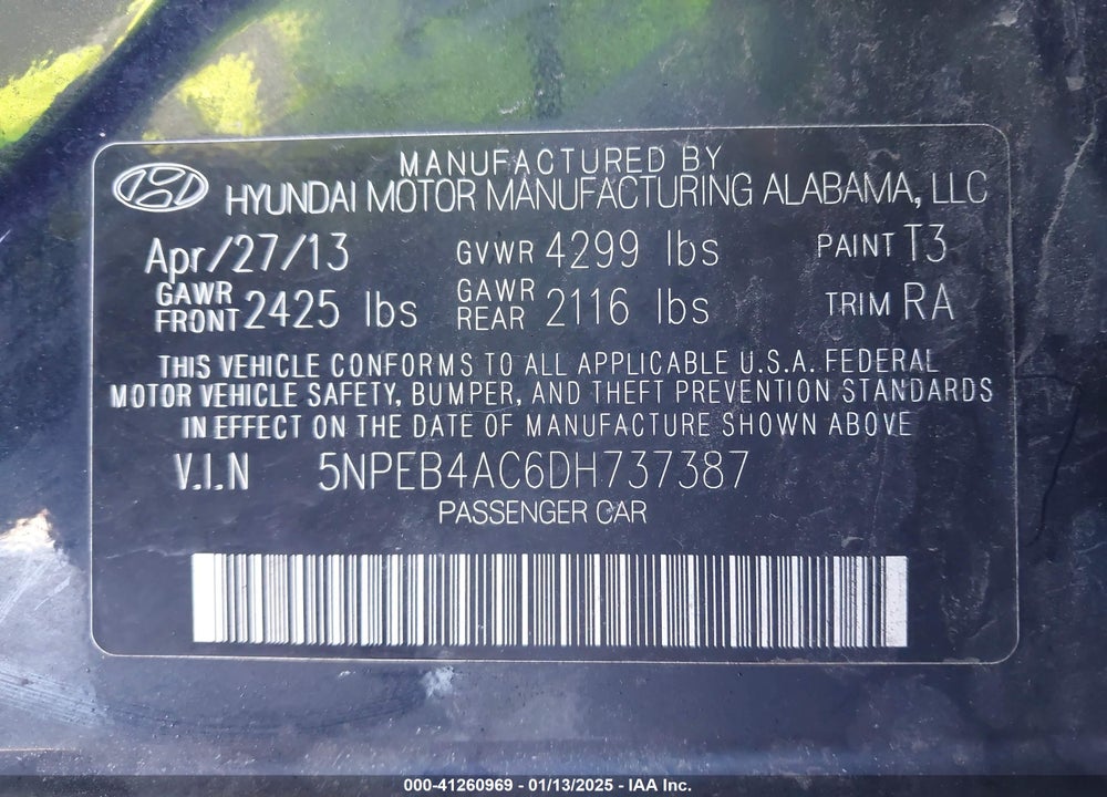 2013 HYUNDAI SONATA GLS VIN: 5NPEB4AC6DH737387