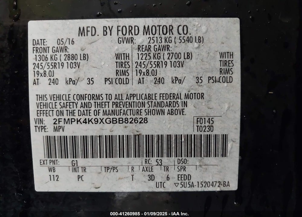 2016 FORD EDGE TITANIUM VIN: 2FMPK4K9XGBB82628
