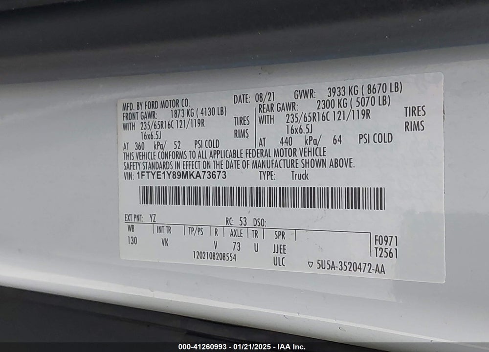 2021 FORD TRANSIT-150 VIN: 1FTYE1Y89MKA73673
