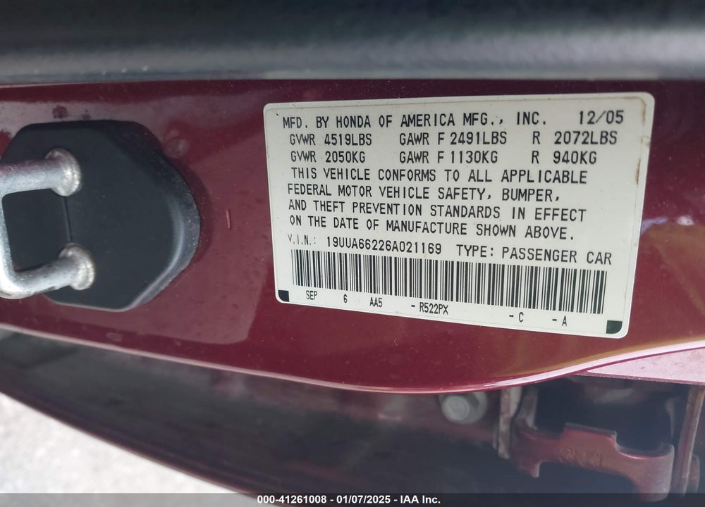 2006 ACURA TL VIN: 19UUA66226A021169