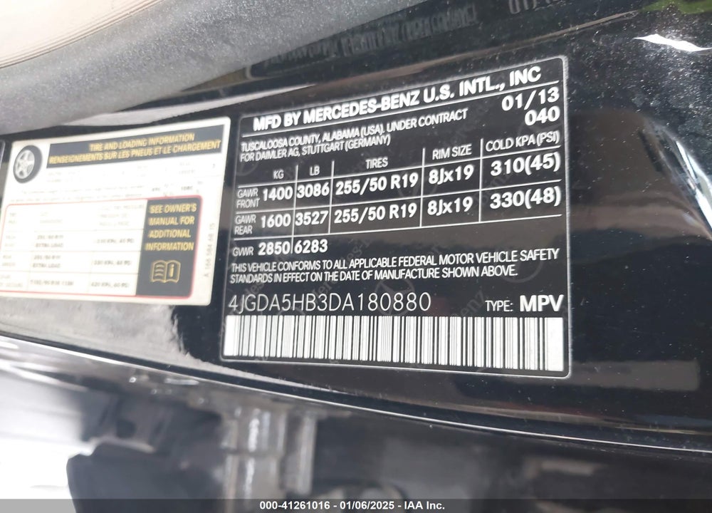 2013 MERCEDES-BENZ ML 350 4MATIC VIN: 4JGDA5HB3DA180880