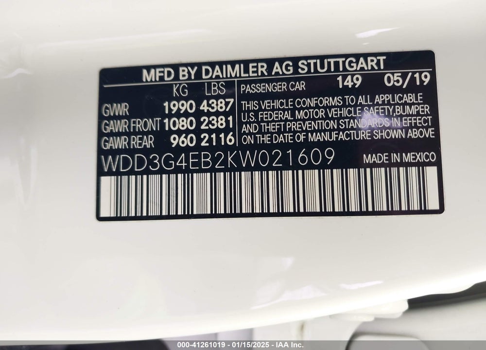 2019 MERCEDES-BENZ A 220 VIN: WDD3G4EB2KW021609