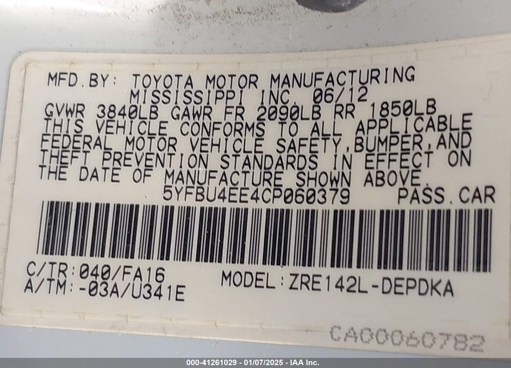 2012 TOYOTA COROLLA VIN: 5YFBU4EE4CP060379