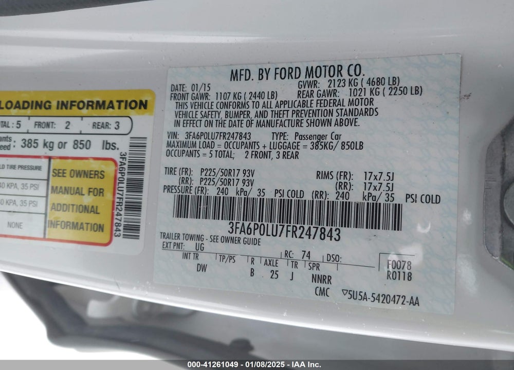 2015 FORD FUSION HYBRID VIN: 3FA6P0LU7FR247843