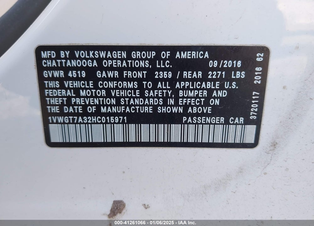 2017 VOLKSWAGEN PASSAT 1.8T SE VIN: 1VWGT7A32HC015971