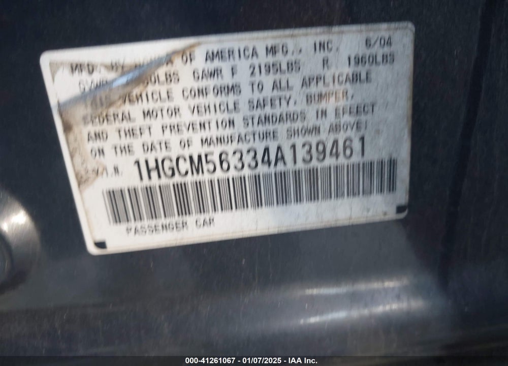 2004 HONDA ACCORD 2.4 LX VIN: 1HGCM56334A139461