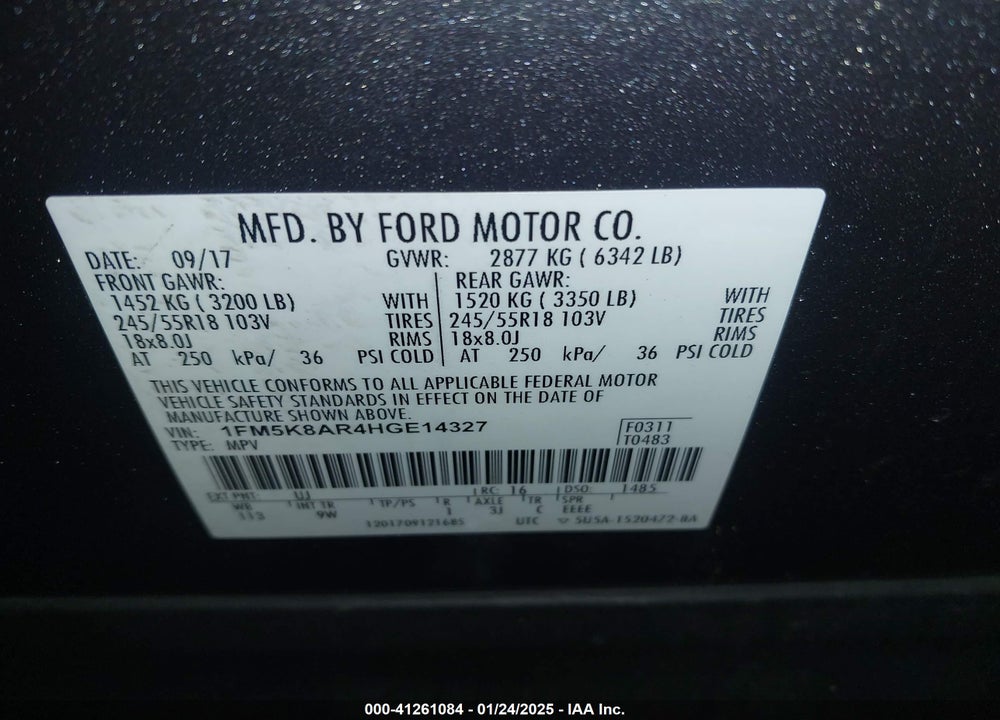 2017 FORD POLICE INTERCEPTOR VIN: 1FM5K8AR4HGE14327