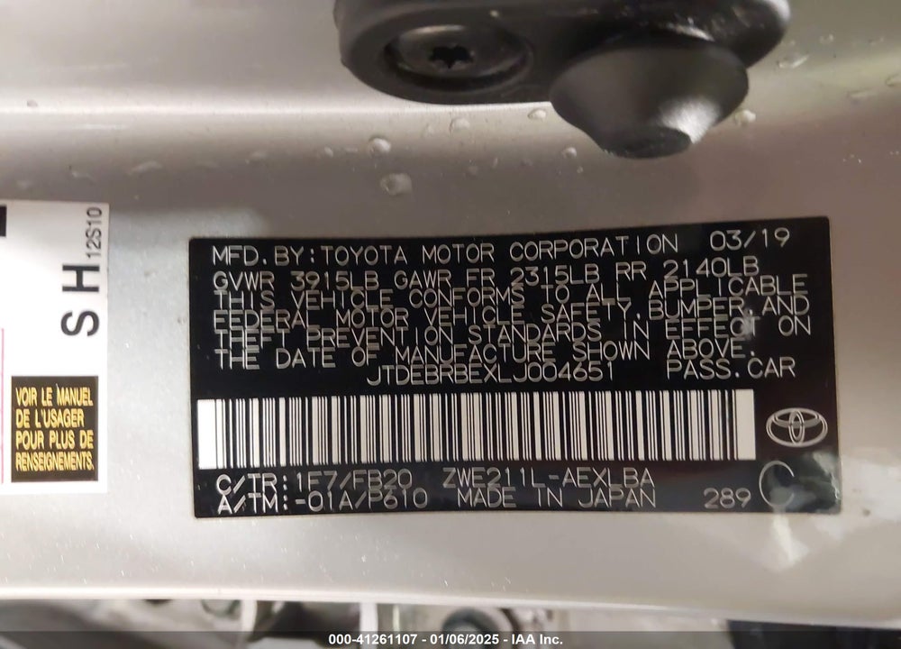 2020 TOYOTA COROLLA VIN: JTDEBRBEXLJ004651
