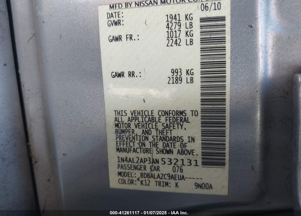 2010 NISSAN ALTIMA 2.5 VIN: 1N4AL2AP3AN532131