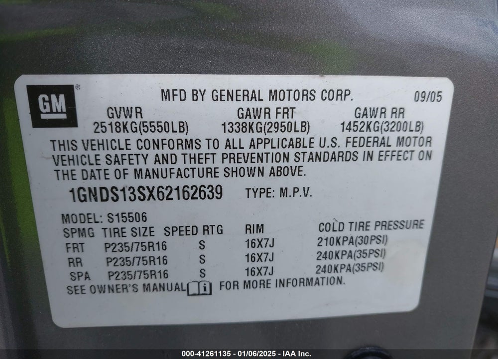 2006 CHEVROLET TRAILBLAZER LS/LT VIN: 1GNDS13SX6Z162639