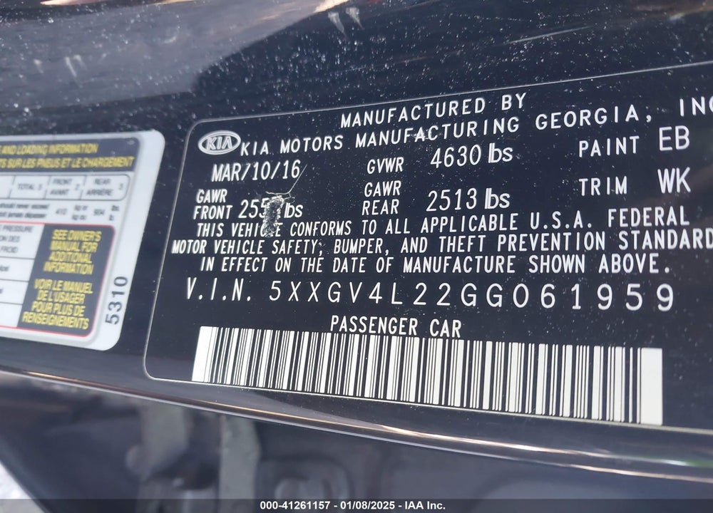 2016 KIA OPTIMA VIN: 5XXGV4L22GG061959