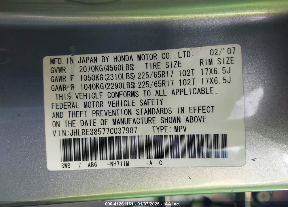 2007 HONDA CR-V EX VIN: JHLRE38577C037987