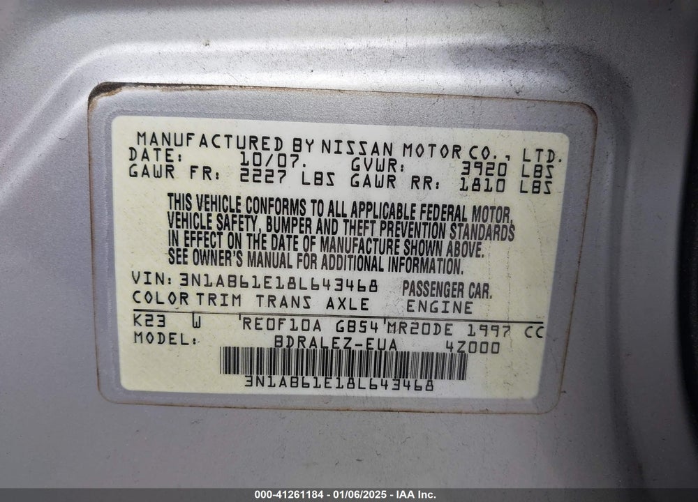 2008 NISSAN SENTRA 2.0S VIN: 3N1AB61E18L643468