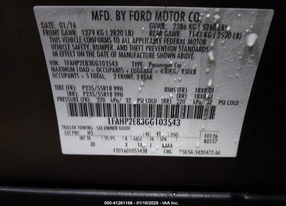 2016 FORD TAURUS SEL VIN: 1FAHP2E83GG103543