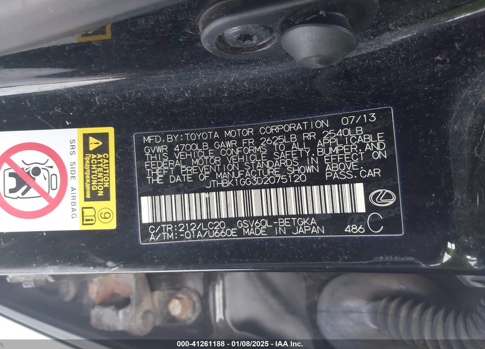 2013 LEXUS ES 350 VIN: JTHBK1GG3D2075120