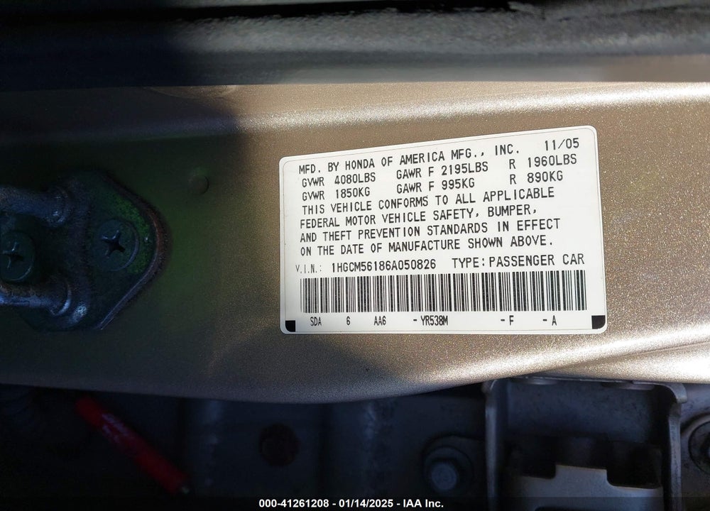 2006 HONDA ACCORD 2.4 VP VIN: 1HGCM56186A050826
