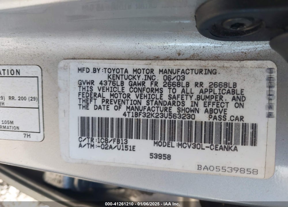 2003 TOYOTA CAMRY LE V6 VIN: 4T1BF32K23U563230