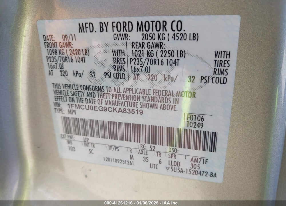 2012 FORD ESCAPE LIMITED VIN: 1FMCU0EG9CKA83519