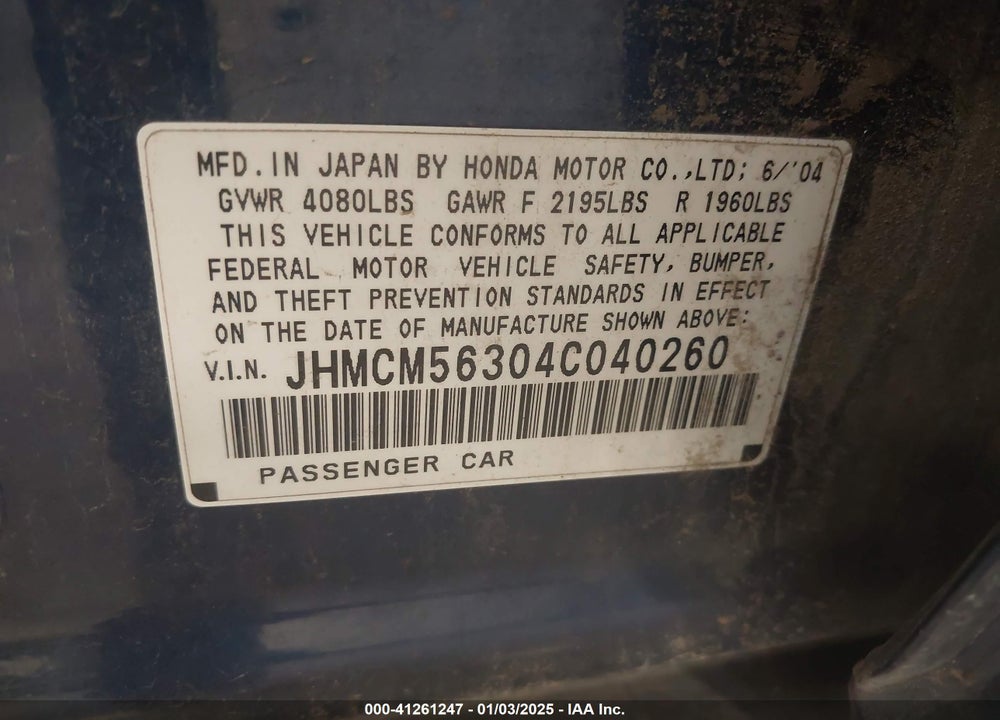 2004 HONDA ACCORD 2.4 LX VIN: JHMCM56304C040260