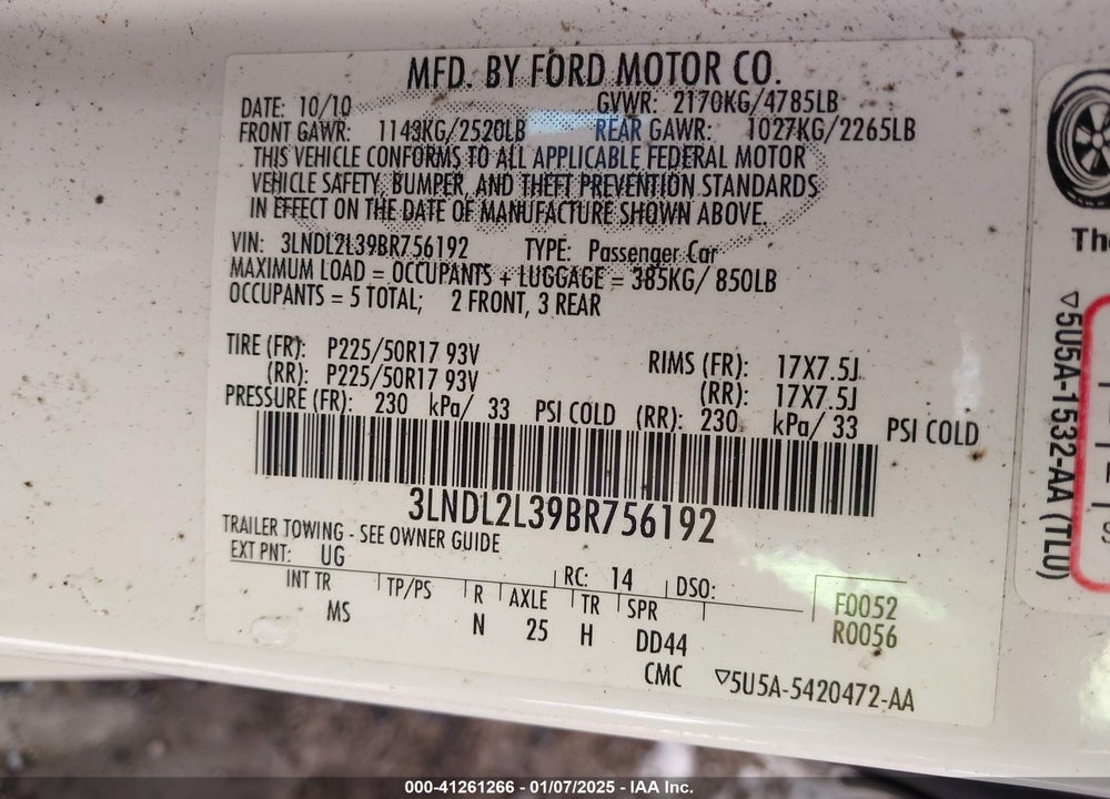 2011 LINCOLN MKZ VIN: 3LNDL2L39BR756192