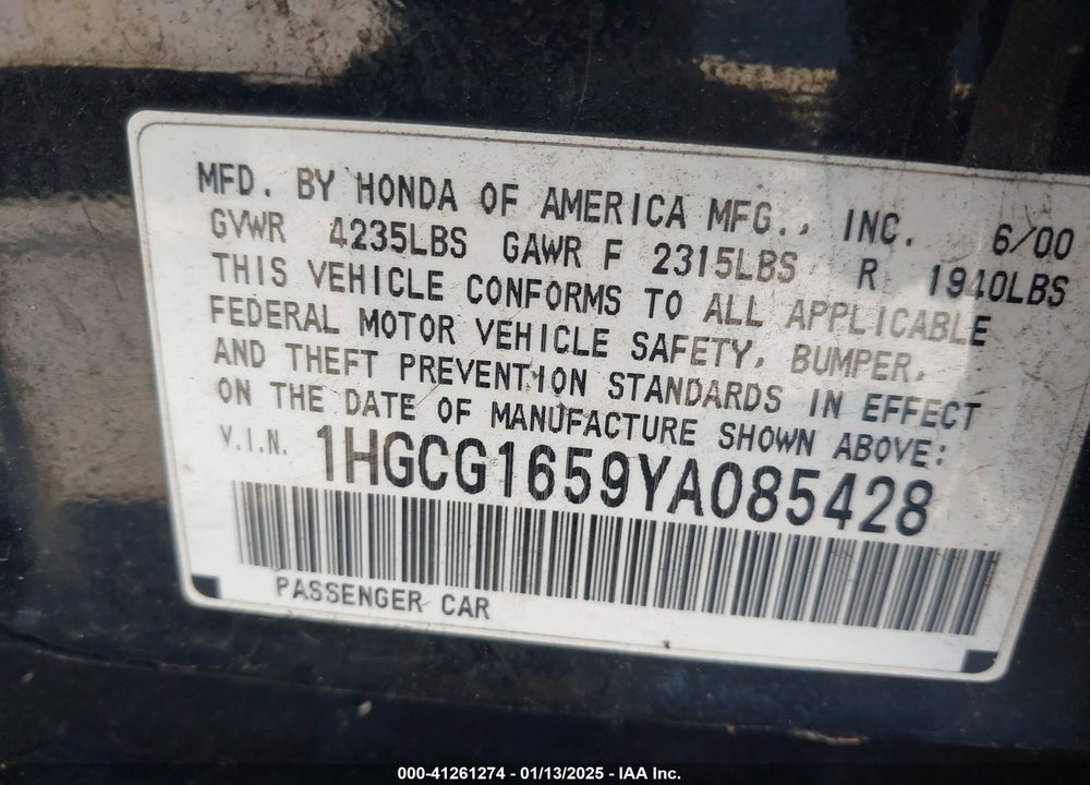 2000 HONDA ACCORD 3.0 EX VIN: 1HGCG1659YA085428