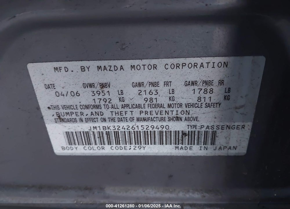 2006 MAZDA 3 S TOURING VIN: JM1BK324261529490