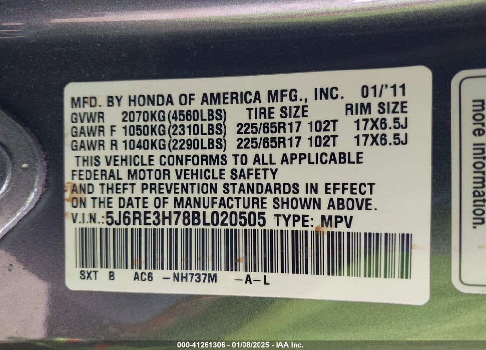 2011 HONDA CR-V EX-L VIN: 5J6RE3H78BL020505