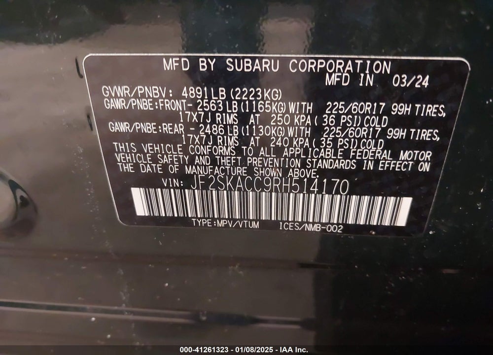 2024 SUBARU FORESTER PREMIUM VIN: JF2SKACC9RH514170