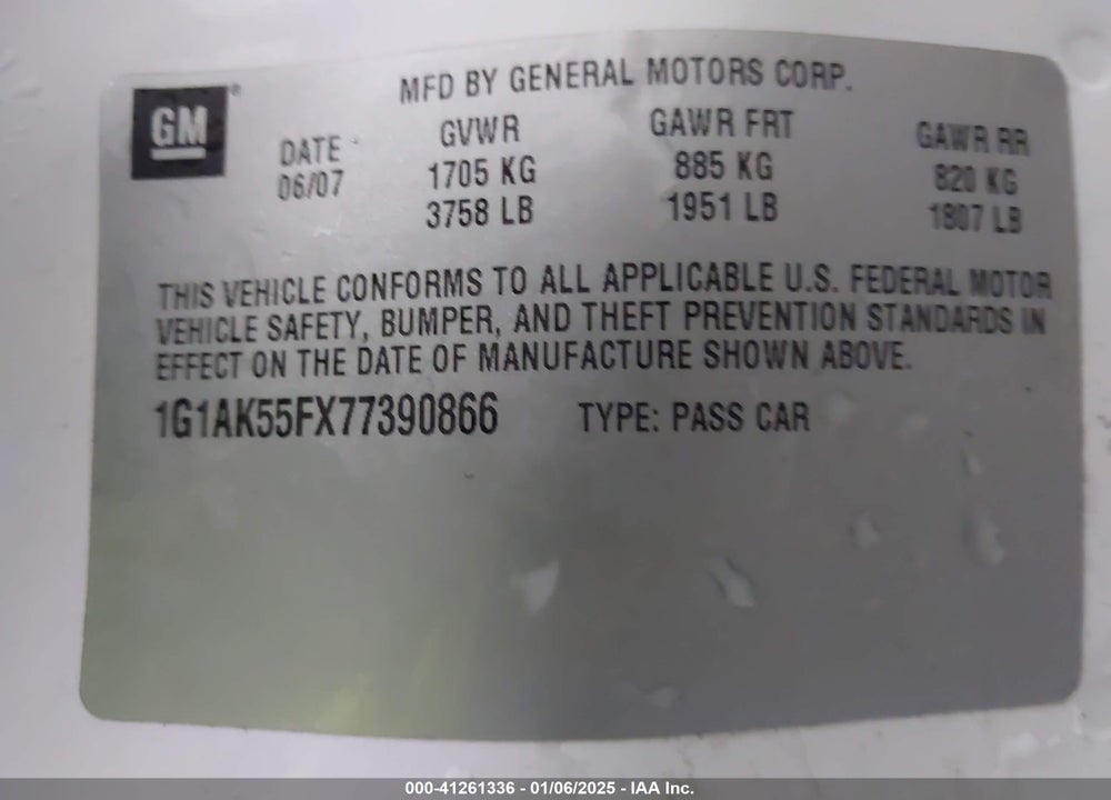 2007 CHEVROLET COBALT LS VIN: 1G1AK55FX77390866