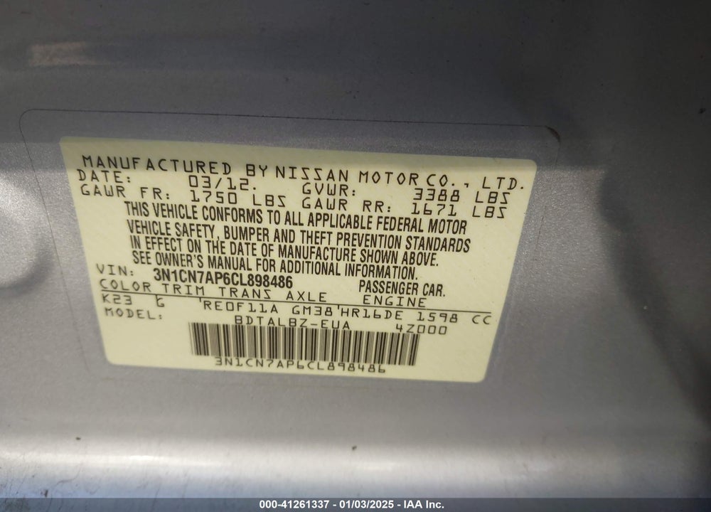 2012 NISSAN VERSA 1.6 SV VIN: 3N1CN7AP6CL898486