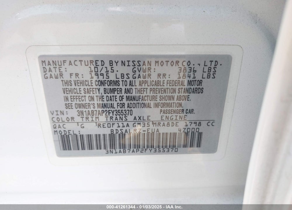 2015 NISSAN SENTRA SR VIN: 3N1AB7AP2FY355370