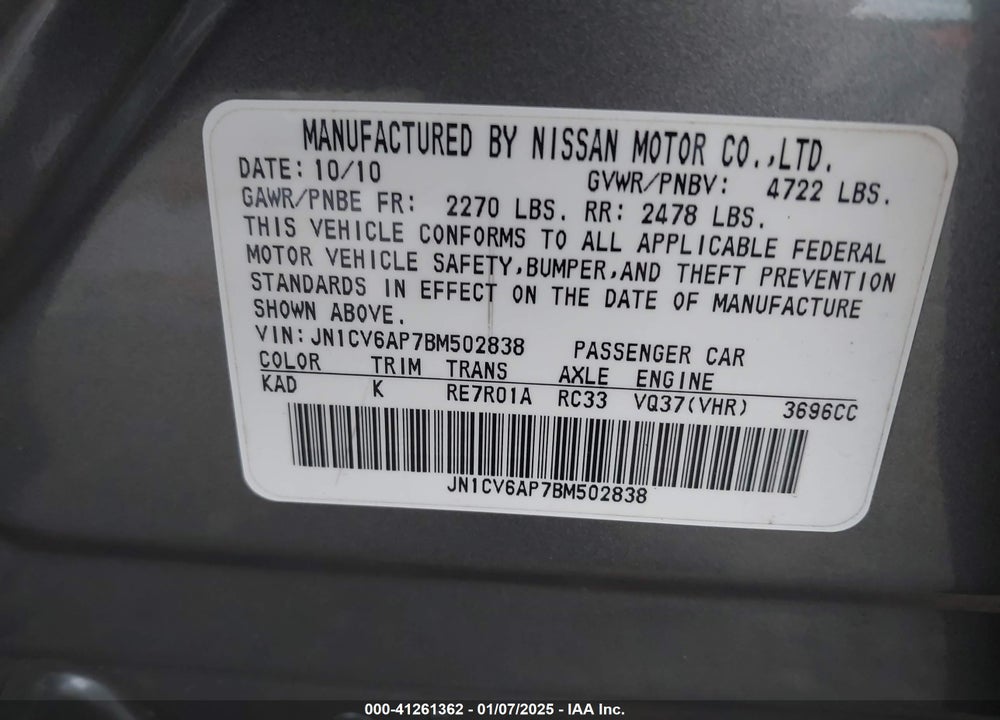 2011 INFINITI G37 VIN: JN1CV6AP7BM502838