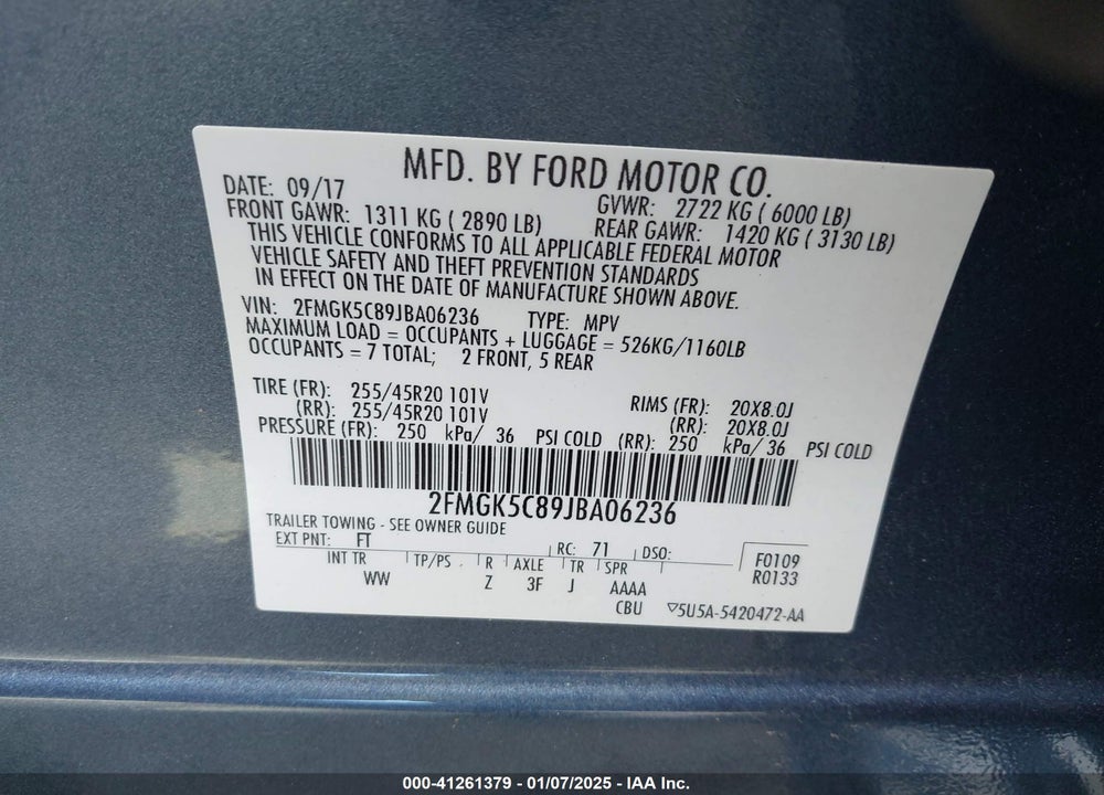 2018 FORD FLEX SEL VIN: 2FMGK5C89JBA06236