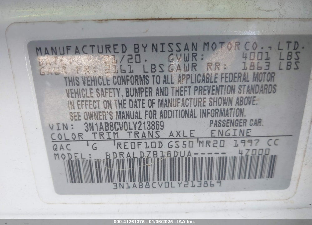 2020 NISSAN SENTRA SV XTRONIC CVT VIN: 3N1AB8CV0LY213869