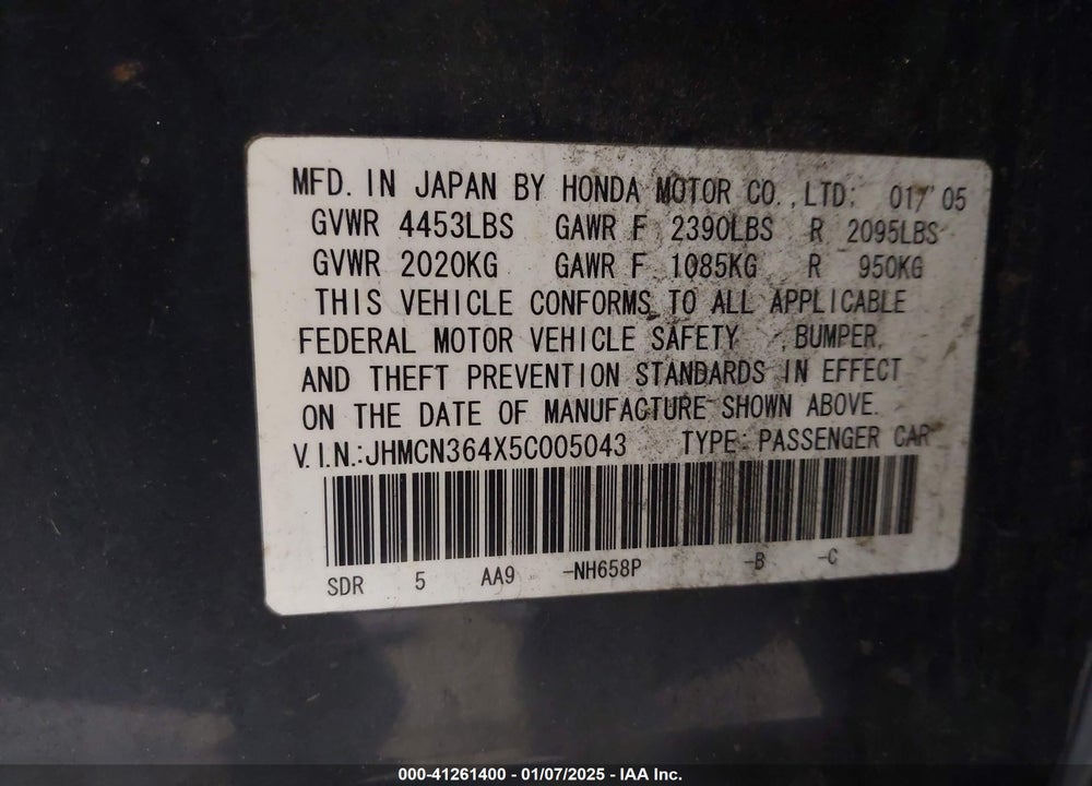 2005 HONDA ACCORD HYBRID IMA VIN: JHMCN364X5C005043