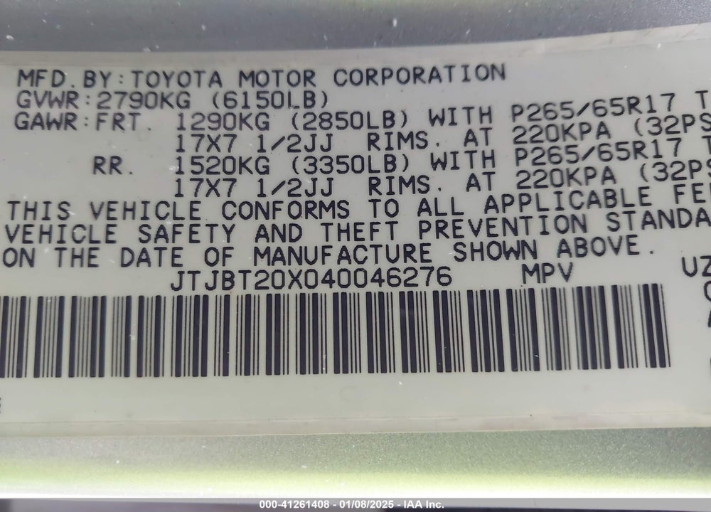 2004 LEXUS GX 470 VIN: JTJBT20X040046276