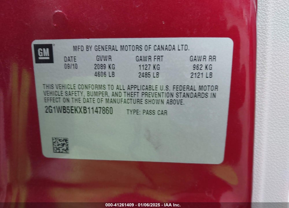 2011 CHEVROLET IMPALA VIN: 2G1WB5EKXB1147860