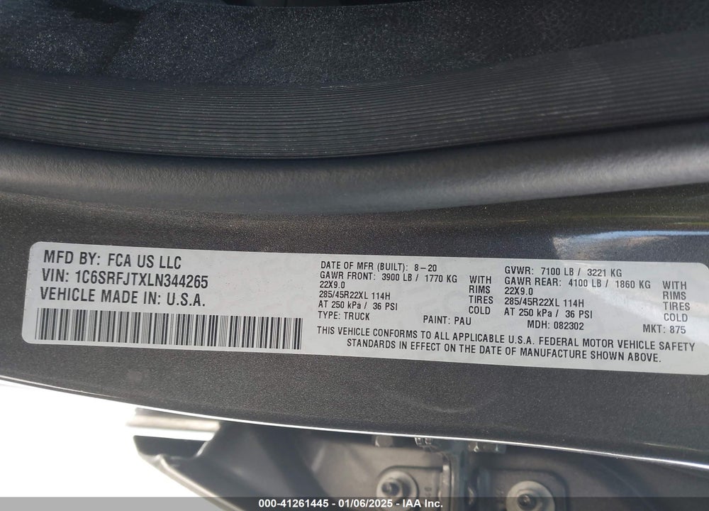 2020 RAM 1500 LAIE  4X4 5'7 BOX VIN: 1C6SRFJTXLN344265