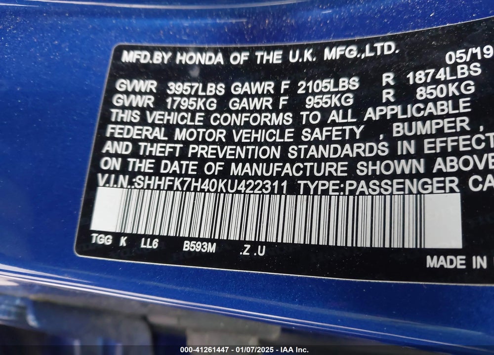 2019 HONDA CIVIC SPORT VIN: SHHFK7H40KU422311