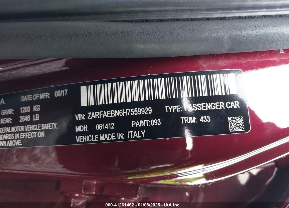 2017 ALFA ROMEO GIULIA VIN: ZARFAEBN6H7559929