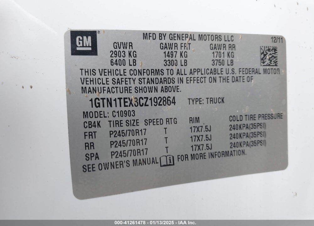 2012 GMC SIERRA 1500 WORK TRUCK VIN: 1GTN1TEX3CZ192864